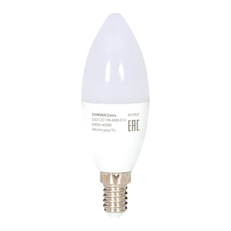 Лампа светодиодная SONNEN EXTRA, 7 (60) Вт, Е14, свеча, нейтральный белый, 30000 ч, LED C37-7W-4000-Е14, 457903, 457903