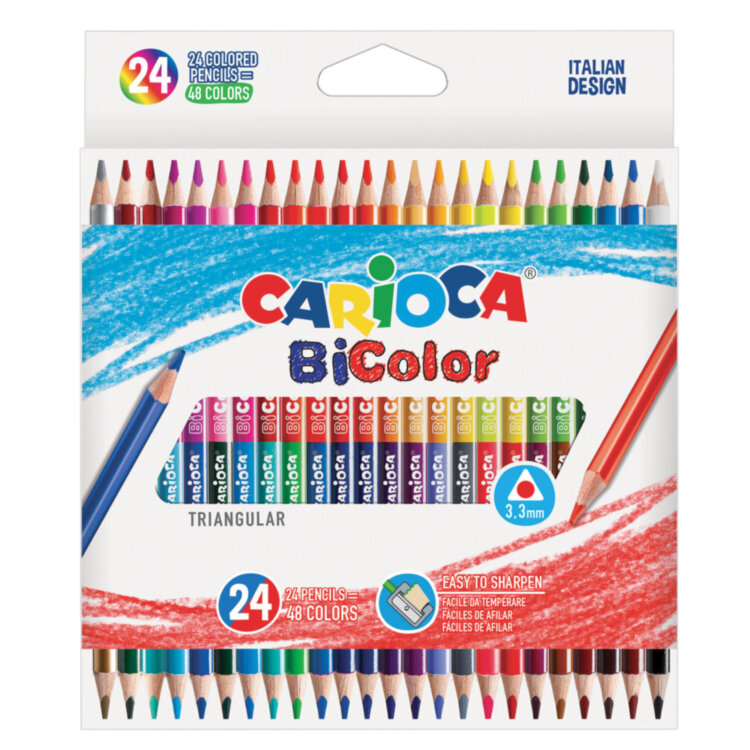 Карандаши двусторонние CARIOCA "Bi-color", 24 штуки, 48 цветов, трехгранные, грифель 3 мм, натуральное дерево, 43031, 181704