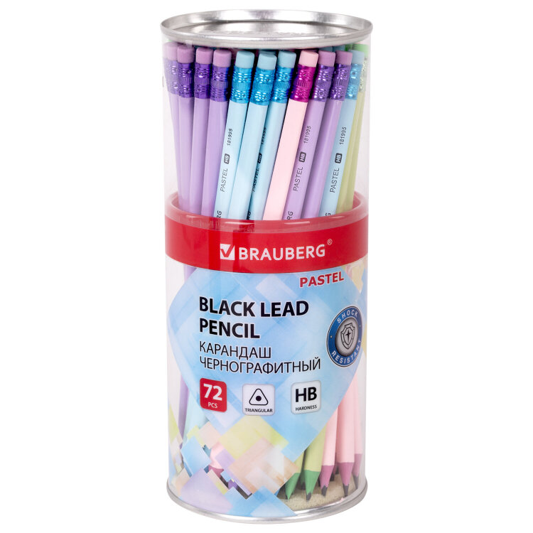 Карандаш чернографитный BRAUBERG "PASTEL", 1 шт., HB, трехгранный, с ластиком, 181995, 144 штук, 181995