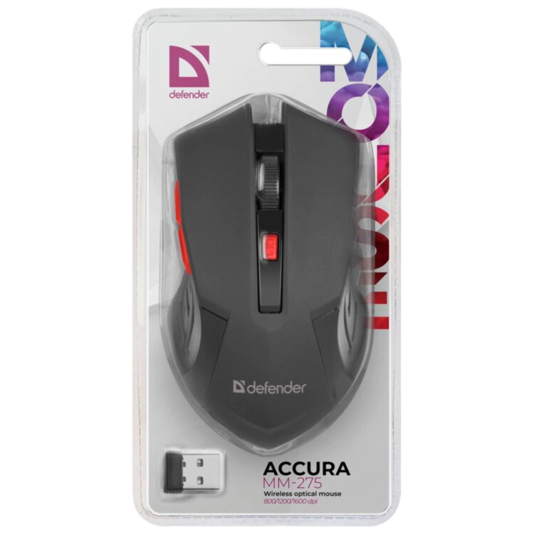 Мышь беспроводная DEFENDER Accura MM-275, USB, 5 кнопок + 1 колесо-кнопка, оптическая, черная, 52276, 513323