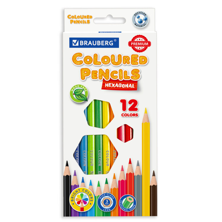 Карандаши цветные BRAUBERG PREMIUM, 12 цветов, шестигранные, грифель 3 мм, 181666, 181666