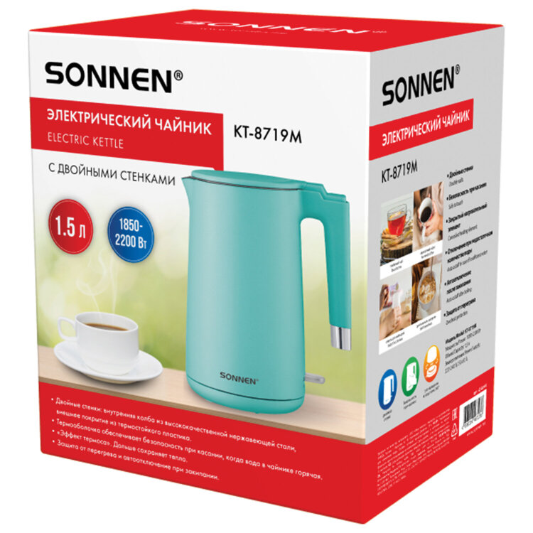 Чайник электрический с двойными стенками SONNEN KT-8719M, 1,5 л, 2200 Вт, мятный, 454694, 454694