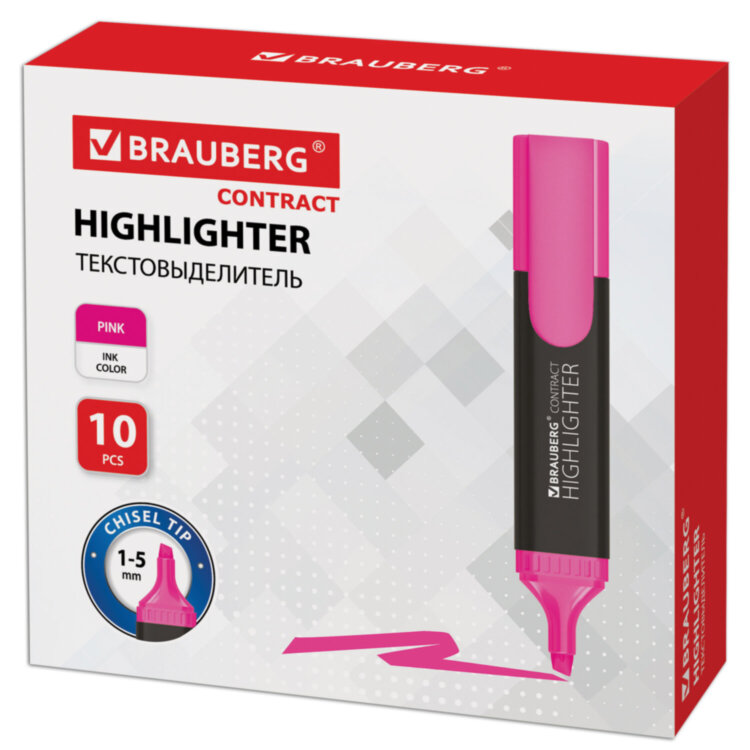 Текстовыделитель BRAUBERG "Contract", РОЗОВЫЙ, линия 1-5 мм, 150392, 150392