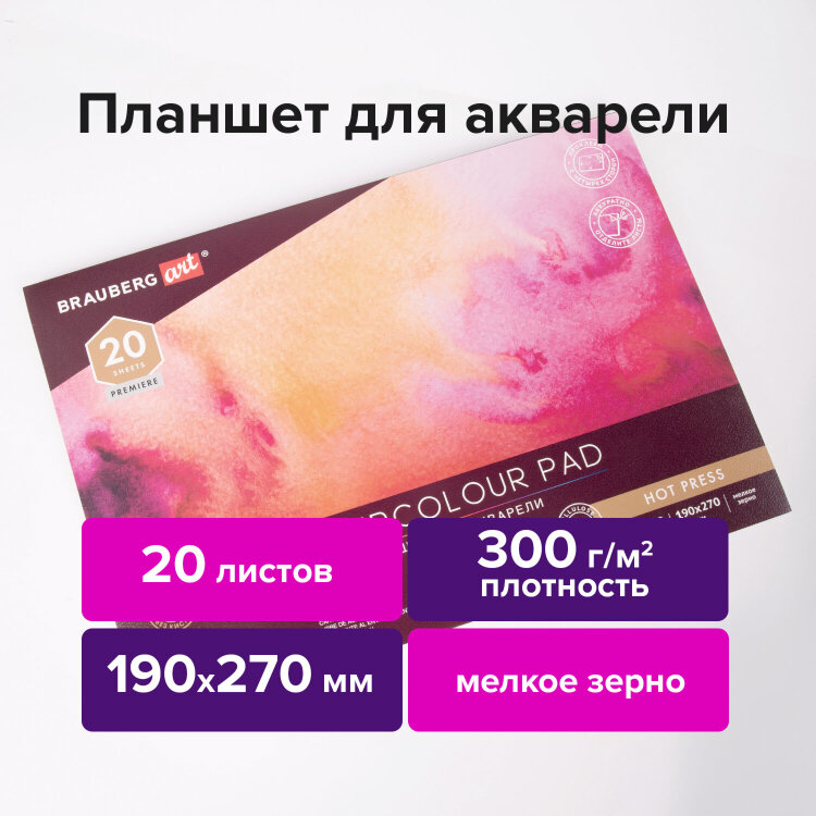 Папка для акварели/планшет, 300 г/м2, 190х270 мм, склейка, мелкое зерно, 20 л., BRAUBERG ART PREMIERE, 113246, 113246