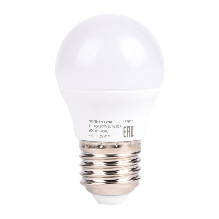 Лампа светодиодная SONNEN EXTRA, 7 (60) Вт, E27, шар, теплый белый, 30000 ч, LED G45-7W-2700-Е27, 457911, 457911