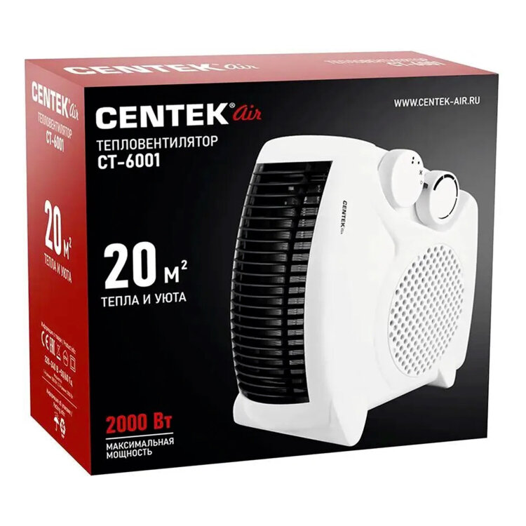 Тепловентилятор CENTEK CT-6001, 2000 Вт, 3 режима работы, 2 рабочих положения, белый, 457464