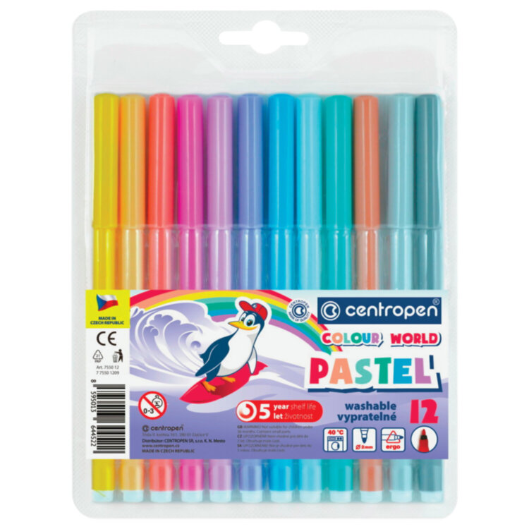 Фломастеры ПАСТЕЛЬНЫЕ 12 ЦВЕТОВ CENTROPEN "Colour World Pastel", смываемые, 7550/12TP, 7 7550 1287, 152079