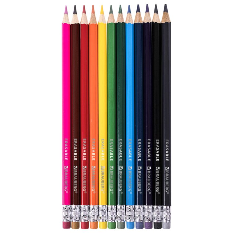 Карандаши цветные стираемые с ластиком BRAUBERG ERASABLE, 12 цветов, шестигранные, грифель 3 мм, натуральное дерево, 181932, 181932