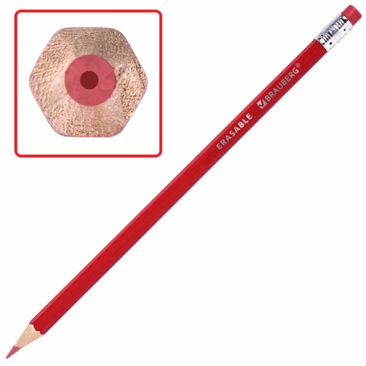 Карандаши цветные стираемые с ластиком BRAUBERG ERASABLE, 12 цветов, шестигранные, грифель 3 мм, натуральное дерево, 181932, 181932