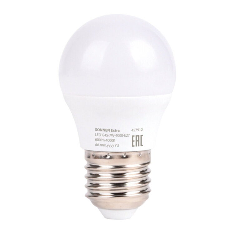 Лампа светодиодная SONNEN EXTRA, 7 (60) Вт, E27, шар, нейтральный белый, 30000 ч, LED G45-7W-4000-Е27, 457912, 457912