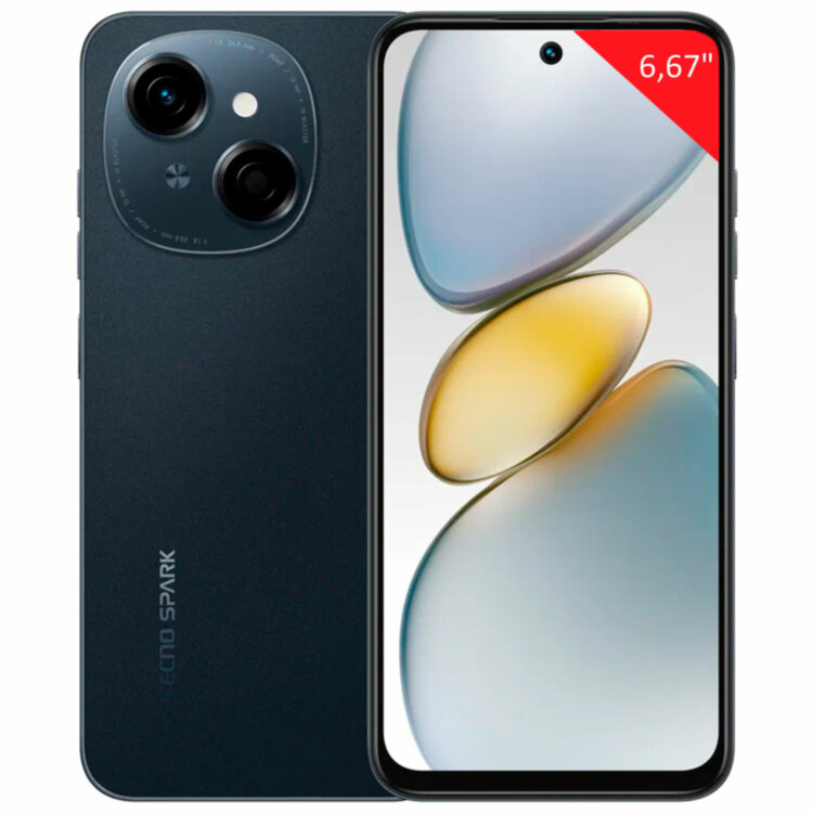 Смартфон TECNO SPARK GO1, 2 SIM, 6,67", 4.5G, 13/8 Мп, 4/64 ГБ, черный, пластик, TCN-KL4.4.64.BK, 263201
