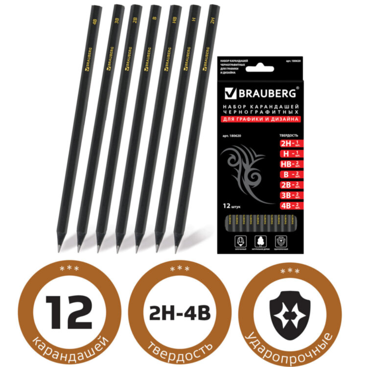 Карандаши чернографитные BRAUBERG НАБОР 12 шт., "Black Jack", 2Н-4В, без резинки, черные, дерево, заточенные, 180620, 180620