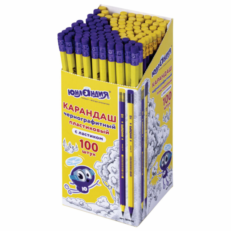 Карандаш чернографитный ЮНЛАНДИЯ, 1 шт., НВ, пластиковый, корпус ассорти, с ластиком, 181446, 100 штук, 181446