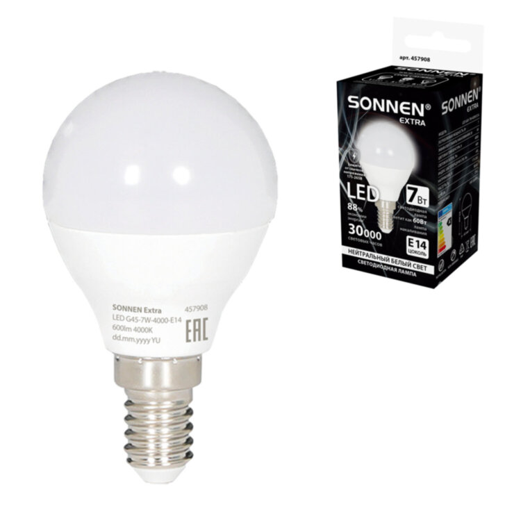 Лампа светодиодная SONNEN EXTRA, 7 (60) Вт, E14, шар, нейтральный белый, 30000 ч, LED G45-7W-4000-Е14, 457908, 457908