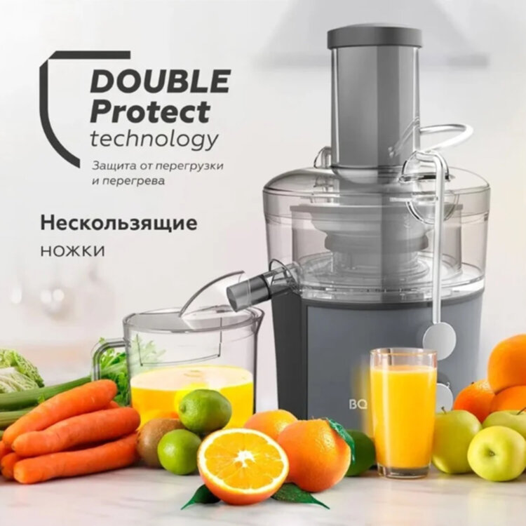 Соковыжималка BQ (БИ-КЬЮ) J1008, 1200 Вт, стакан 1,1 л, емкость жмыха 0,9 л, металл, серый, 86196937, 457528