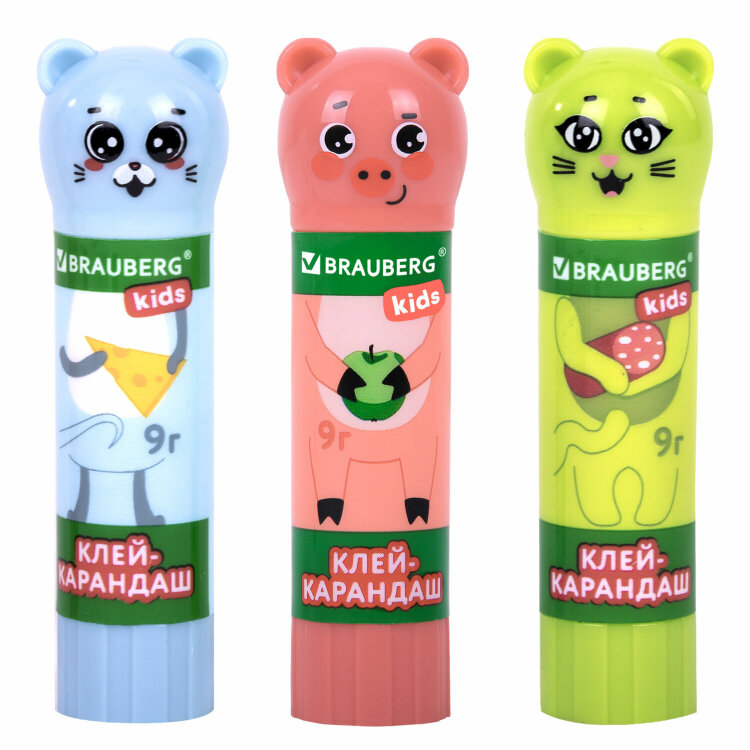 Клей-карандаш "Зверята: кошка, мышка, хрюшка", 9 г, фигурный колпачок, 3 шт./блистер, BRAUBERG KIDS, 271141, 271141