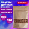 Пакеты дой-пак с замком ZIP LOCK, крафт с окном 50 мм, 150х220 + 40 мм, КОМПЛЕКТ 100 штук, 150 мкм, BRAUBERG, 700691, 700691