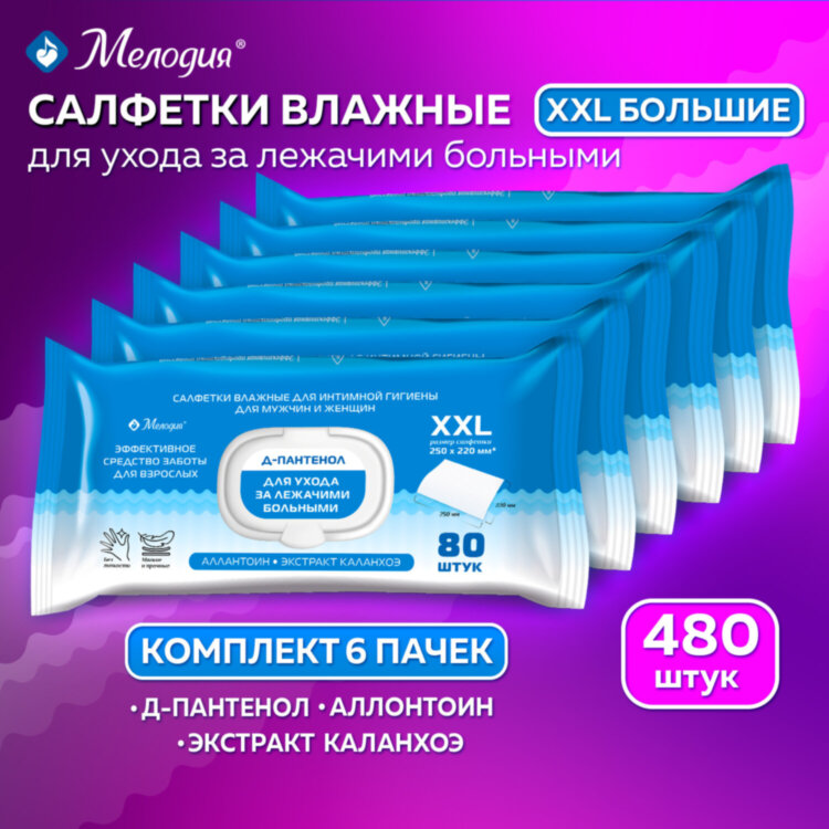 Салфетки влажные для ухода за лежачими больными и интимной гигиены КОМПЛЕКТ (6 пачек х 80 шт), 22х25 см, Д-пантенол, МЕЛОДИЯ, 116528, 116528