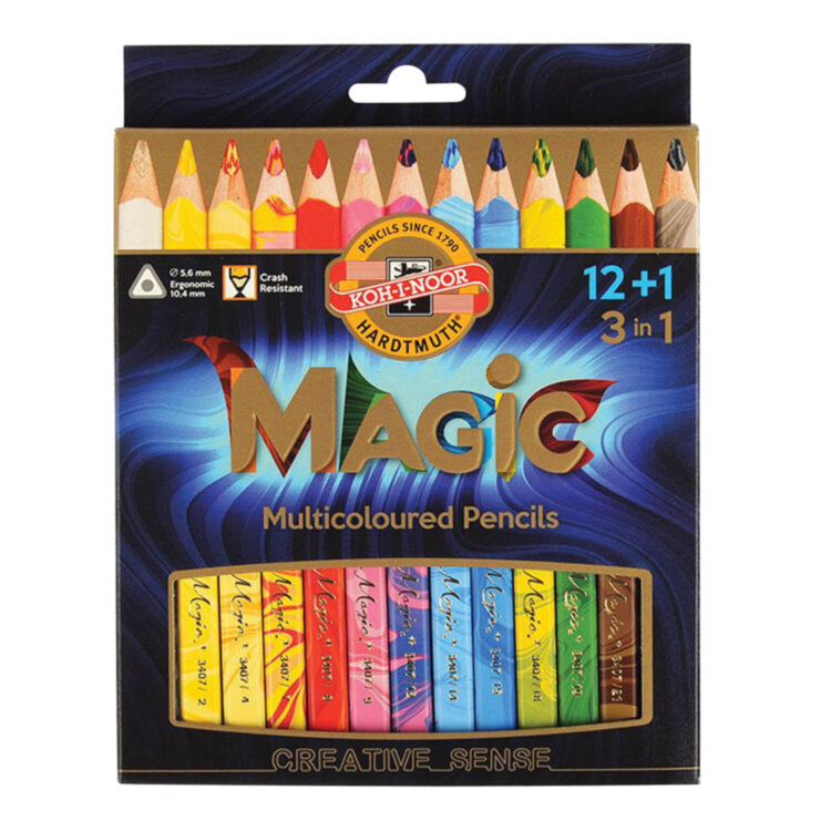 Карандаши с многоцветным грифелем KOH-I-NOOR "Magic", НАБОР 13 штук, трехгранные, утолщенный грифель 5,6 мм, натуральное дерево, 3408, 3408013001KS, 181009