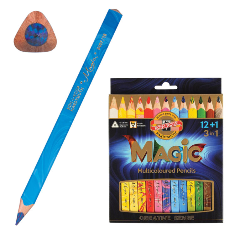 Карандаши с многоцветным грифелем KOH-I-NOOR "Magic", НАБОР 13 штук, трехгранные, утолщенный грифель 5,6 мм, натуральное дерево, 3408, 3408013001KS, 181009