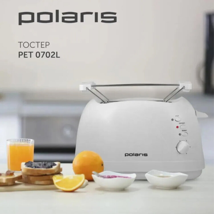 Тостер POLARIS PET 0702L, 750 Вт, 2 тоста, 6 режимов, механическое управление, пластик, белый, 03277, 456740