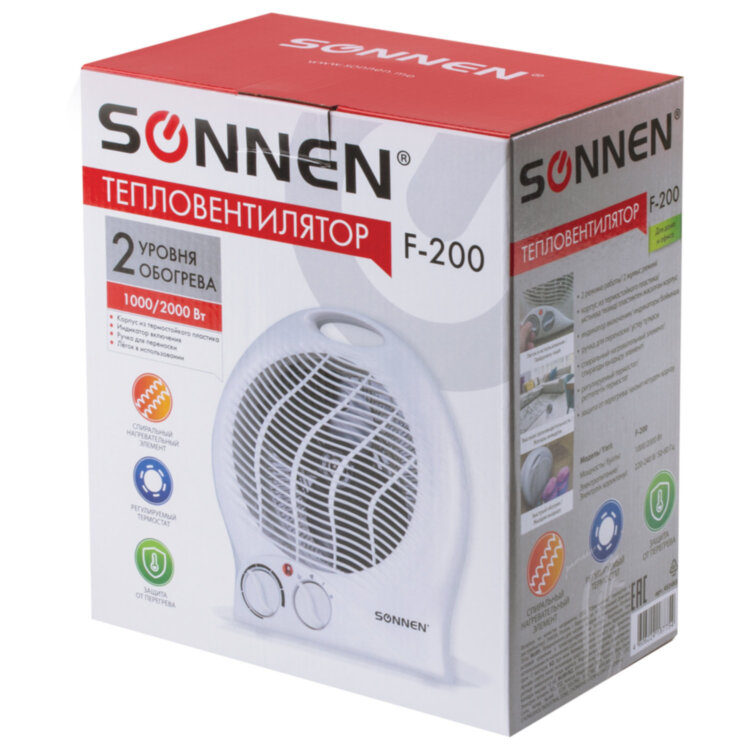 Тепловентилятор SONNEN F-200, 1000/2000 Вт, 2 режима работы, белый, 453493, 453493
