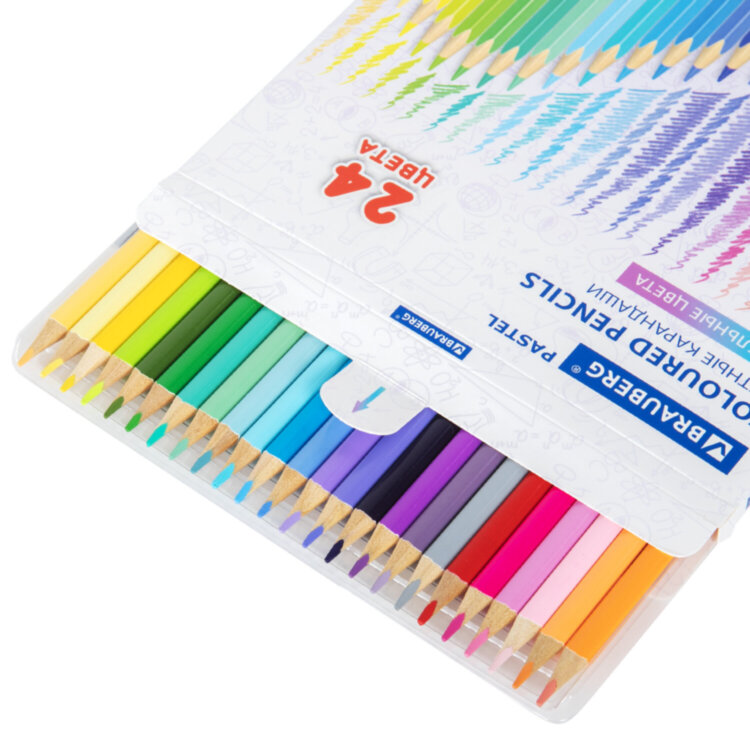 Карандаши цветные BRAUBERG PASTEL, 24 пастельных цвета, трехгранные, грифель 3 мм, натуральное дерево, 181851, 181851