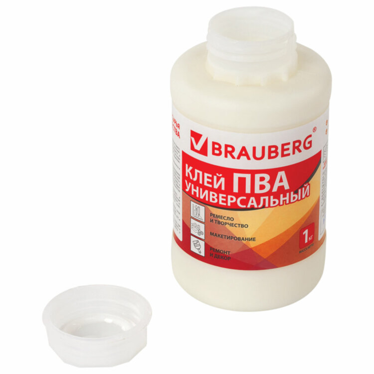 Клей ПВА BRAUBERG, 1 кг, универсальный (бумага, картон, дерево), 600983, 600983
