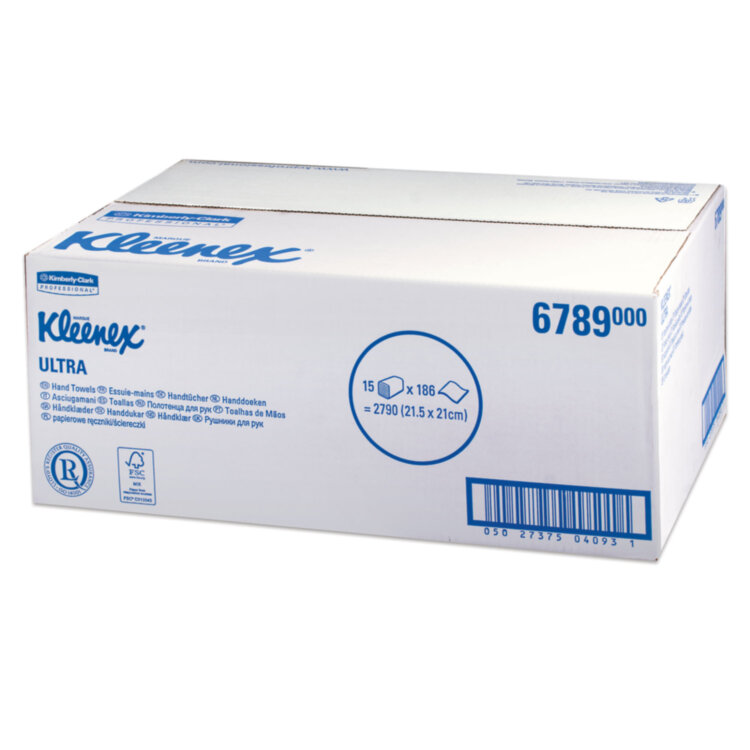Полотенца бумажные 186 шт., KIMBERLY-CLARK Kleenex, КОМПЛЕКТ 15 шт., Ultra, 2-х слойные, белые, 21х21,5 см, Interfold, 6789, 126117