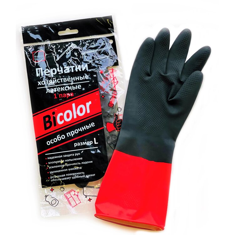 Перчатки МНОГОРАЗОВЫЕ латексные BiColor черно-красные, хлопчатобумажное напыление, размер 8-9, L (большой), вес 68 г, КП, 139466, 609362