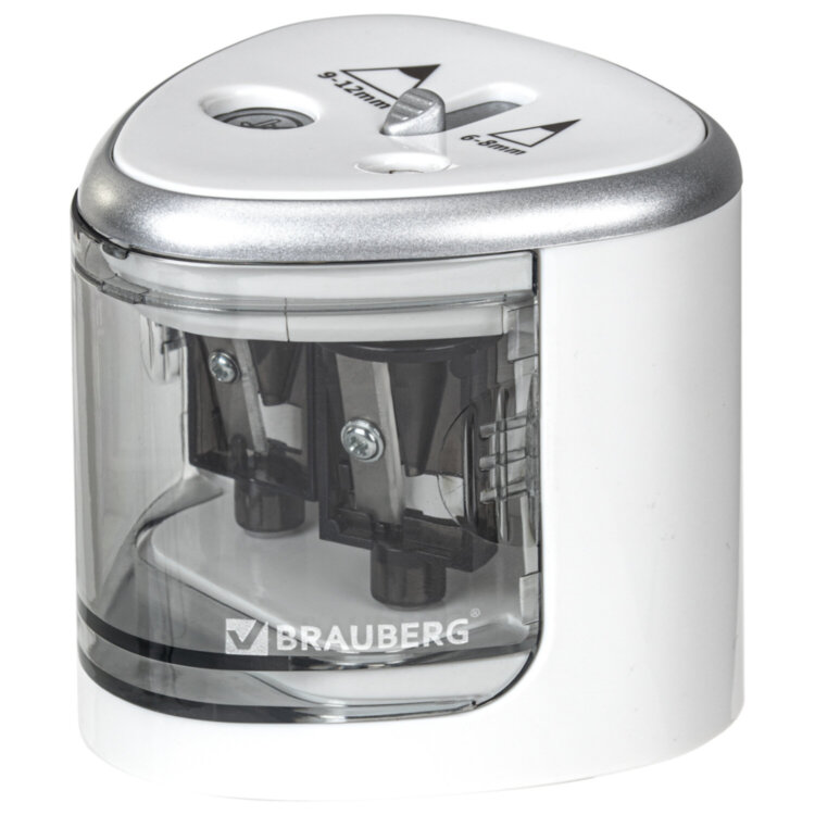 Точилка электрическая BRAUBERG DUAL (для 2 диаметров карандашей!), 4 батарейки АА, белая, 270580, 270580