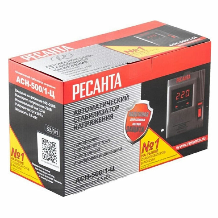 Стабилизатор РЕСАНТА АСН-500/1-Ц, 500 Вт, 140-260 В, напольный, 63/6/1, 671269