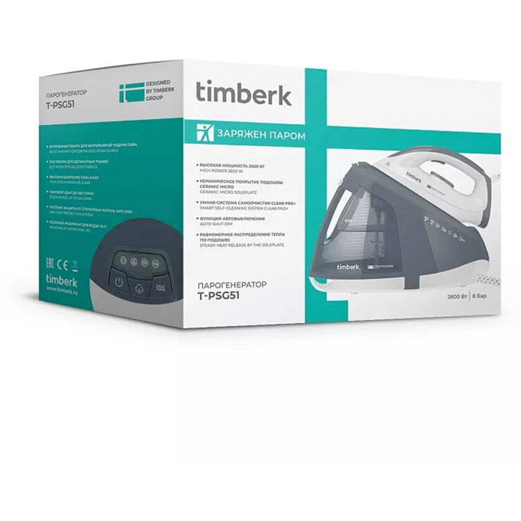 Парогенератор TIMBERK T-PSG51, 2600 Вт, 8 Бар, пар 150 г/мин, паровой удар 450 г/мин, 1,8 л, серый, 457225