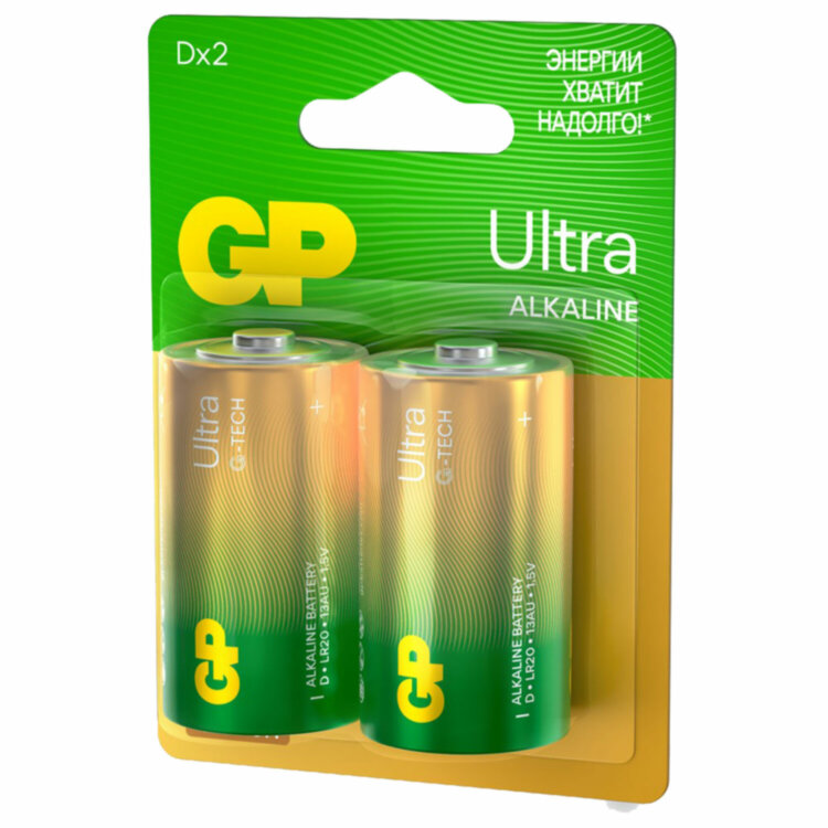 Батарейки КОМПЛЕКТ 2 шт., GP Ultra G-Tech, D (LR20, 13А), алкалиновые, блистер, 13AU-CR2, 454092