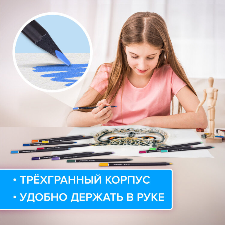 Карандаши цветные чёрное дерево BRAUBERG BLACK WOOD, 24 цвета, трехгранные, мягкий грифель 3 мм, 181949, 181949