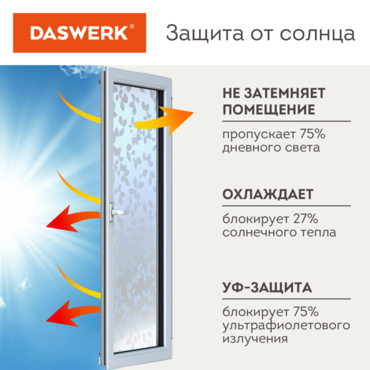 Пленка на окно самоклеящаяся статическая БЕЗ КЛЕЯ солнцезащитная 75х150 см "Листья" DASWERK, 608580, 608580