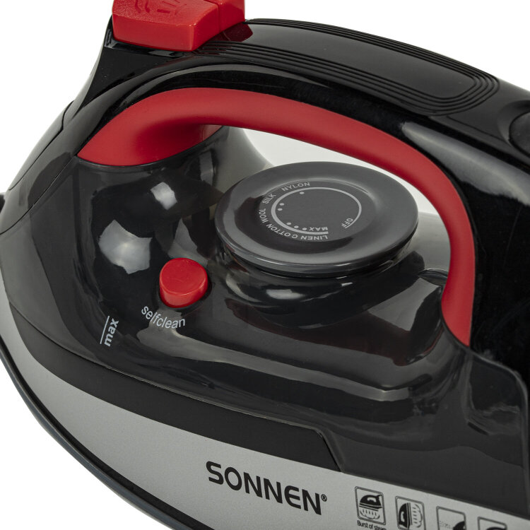 Утюг SONNEN SI-588, 2200 Вт, керамическое покрытие, паровой удар, черный/красный, 455279, 455279