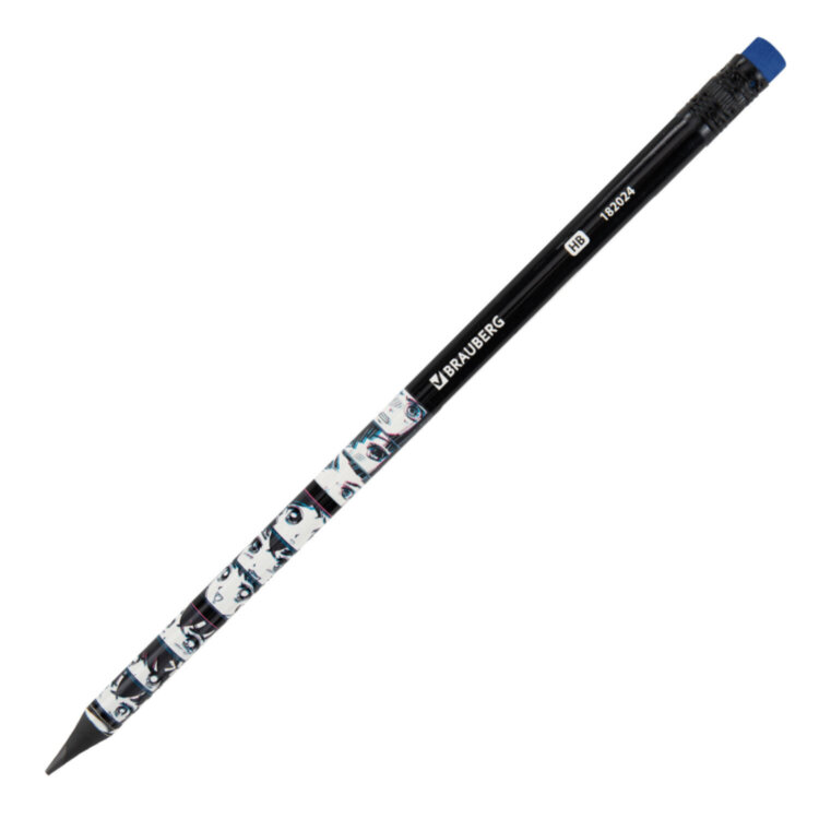 Карандаш чернографитный с принтом BRAUBERG "MANGA", 1 шт., HB, с ластиком, корпус ассорти, 182024, 72 штук, 182024