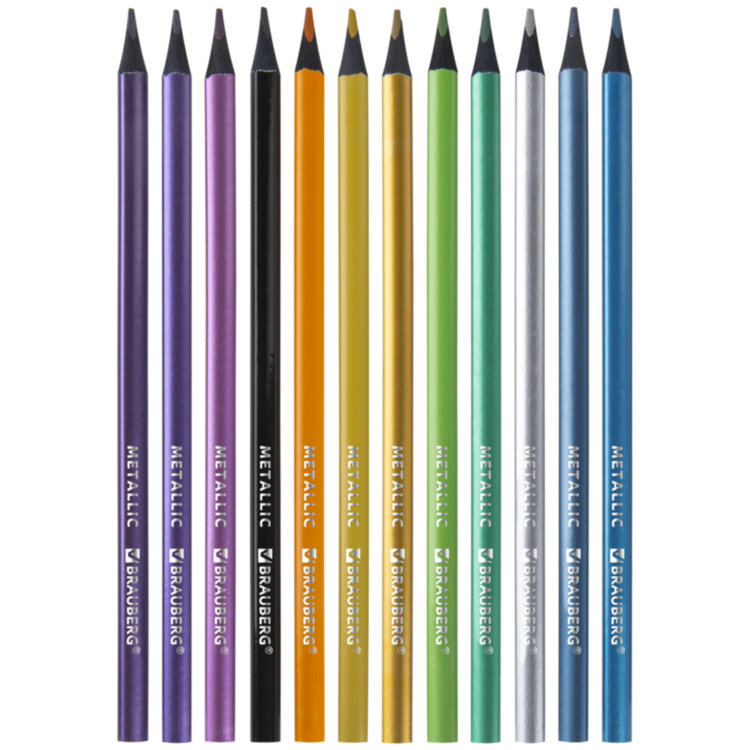 Карандаши цветные BRAUBERG METALLIC, 12 цветов металлик, трехгранные, грифель 3 мм, черное дерево, 181853, 181853