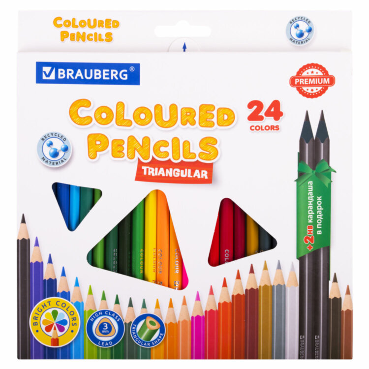 Карандаши цветные BRAUBERG PREMIUM 24 цвета + 2 чернографитных карандаша, трехгранные, грифель 3 мм, 181937, 181937