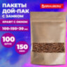 Пакеты дой-пак с замком ZIP LOCK, крафт с окном 40 мм, 100х150 + 30 мм, КОМПЛЕКТ 100 штук, 150 мкм, BRAUBERG, 700688, 700688