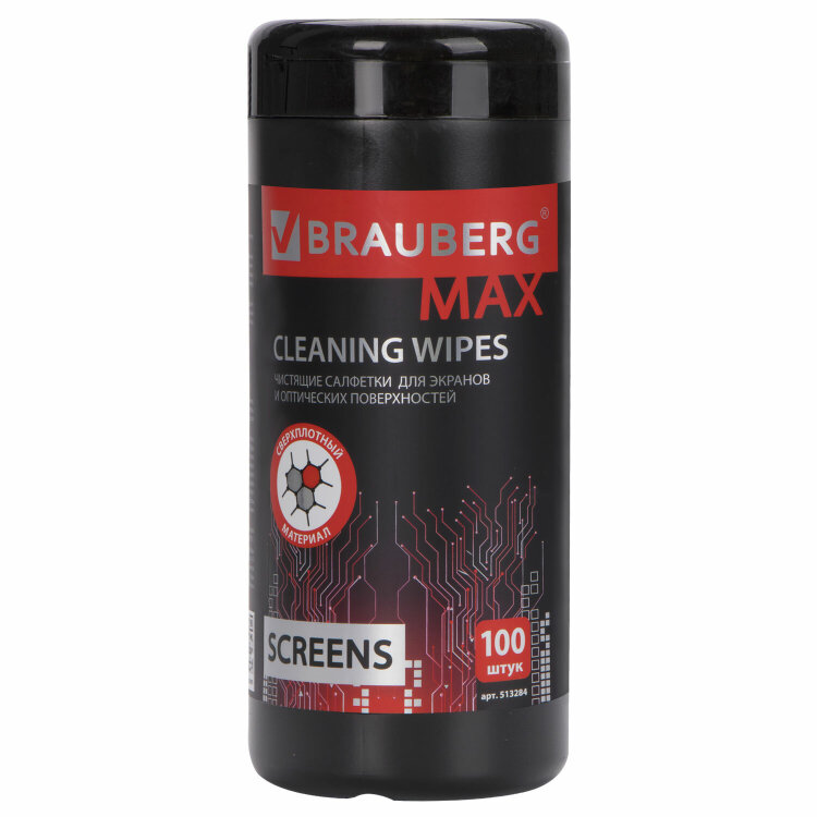 Салфетки для экранов всех типов и оптики BRAUBERG MAX ПЛОТНЫЕ, туба 100 шт., влажные, 513284, 513284