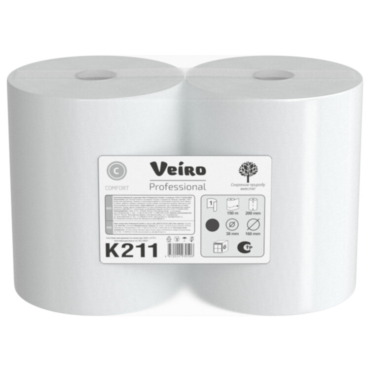 Полотенца бумажные рулонные 150 м, VEIRO Professional (H1) COMFORT, 1-слойные, КОМПЛЕКТ 6 рулонов, K211, 118708