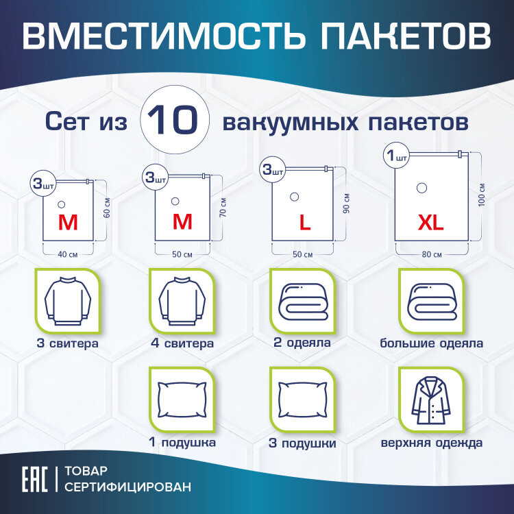 Вакуумные пакеты с клапаном для хранения вещей КОМПЛЕКТ 10 шт., НАСОС в комплекте, LAIMA HOME, 607914, 607914