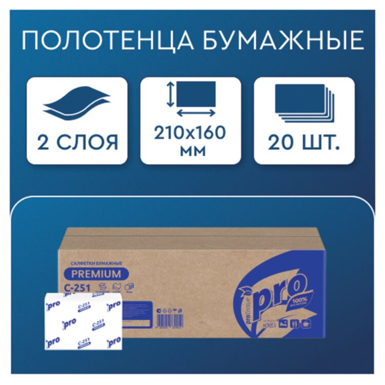 Салфетки 200 шт. PROtissue (Система N4) PREMIUM, 2-слойные, КОМПЛЕКТ 20 шт., 21х16 см, V-сложение, белые, C251, С251, 115366