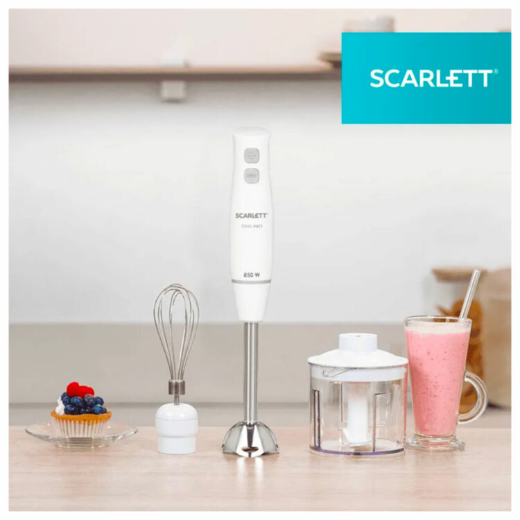Блендер погружной SCARLETT SC-HB42F06, 850 Вт, 2 скорости, 3 насадки, стакан, белый, 457191