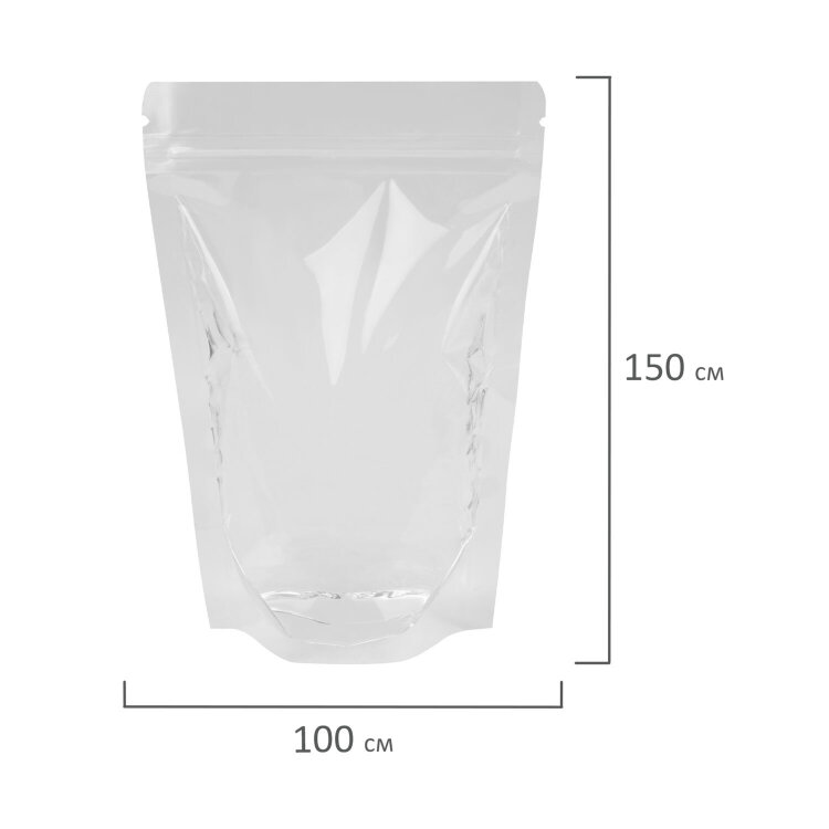 Пакеты дой-пак с замком ZIP LOCK, прозрачные, 100х150 + 30 мм, КОМПЛЕКТ 100 штук, 70 мкм, BRAUBERG, 700695, 700695