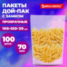 Пакеты дой-пак с замком ZIP LOCK, прозрачные, 100х150 + 30 мм, КОМПЛЕКТ 100 штук, 70 мкм, BRAUBERG, 700695, 700695