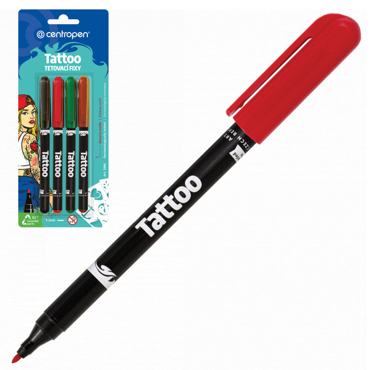 Фломастеры для кожи 4 ЦВЕТА CENTROPEN "Tattoo", + 16 трафаретов, смываемые, 2880/4BL, 628800405, 151186