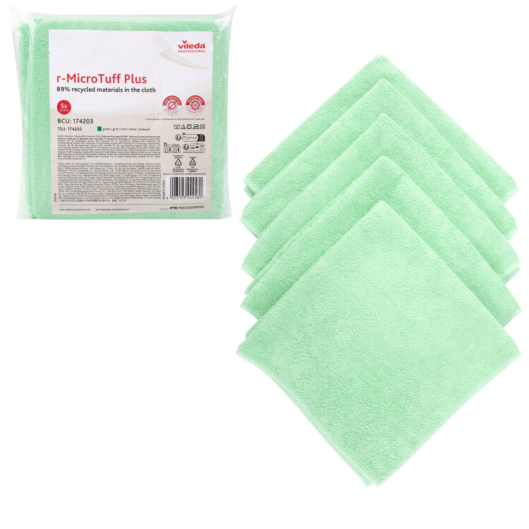 Салфетки VILEDA PROFESSIONAL "МикроТафф Плюс" КОМПЛЕКТ 5 шт., микрофибра, зеленый, 38х38 см, 174203, 703617